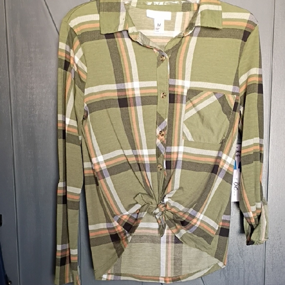 Olive Plaid Women's Button-Down Shirt - Wear Tied Or Untied.